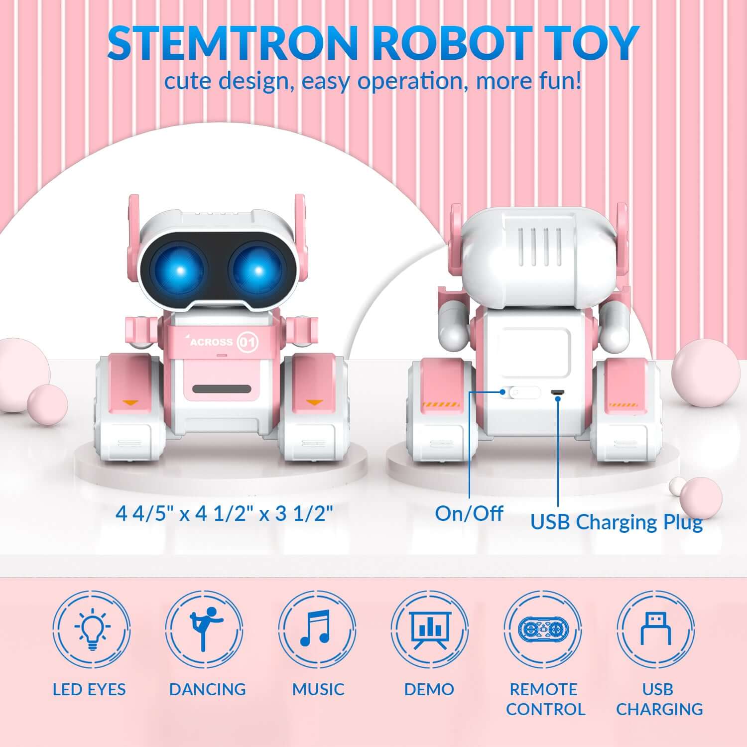 STEMTRON RC Robot Toy - Rechargeable, Auto Demo, Dance, Music, LED Eyes, 3 Colors | KIDS TOY LOVER