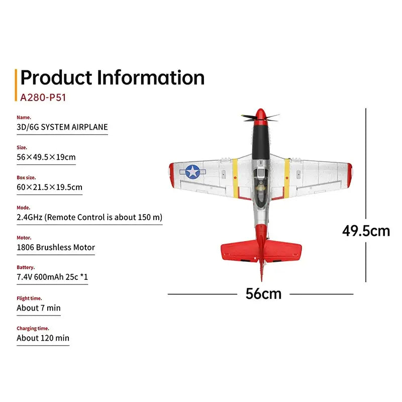 Wltoys XK A280 RC Plane P51D, 3D/6G LED, 2.4GHz, Brushless Motor, 560mm Wing | KIDS TOY LOVER